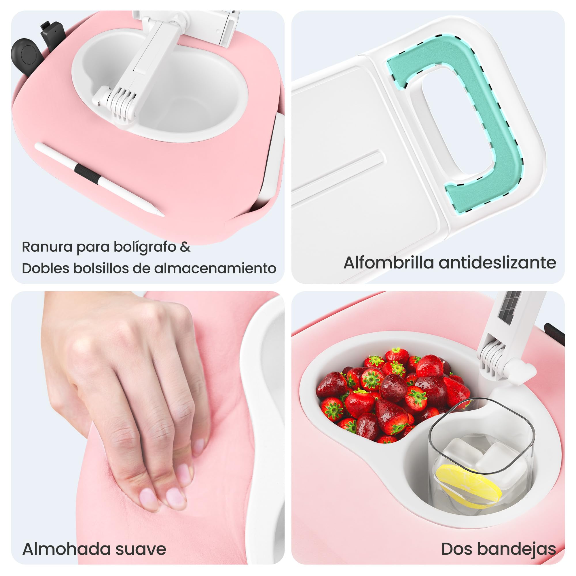 Soporte de cojín para tableta, soporte para Kindle con 2 cuencos para aperitivos, soporte ajustable de 360 ° para iPad de 4,7 a 13 pulgadas, iPad, Kindle, smartphone, accesorios Kindle en