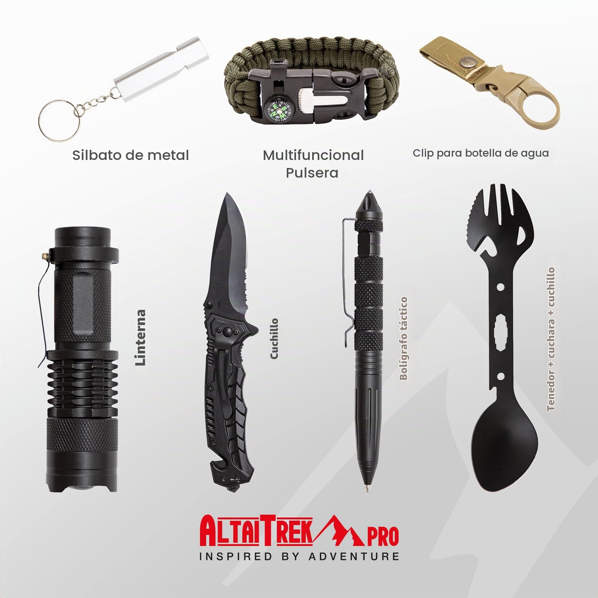 Kit de Supervivencia con Cuchillo, Manta Térmica, Flintlock, Bolígrafo de Defensa Personal, Hacha Multifunción | para Camping, Rescate | El único con Filtro de Agua de Emergencia