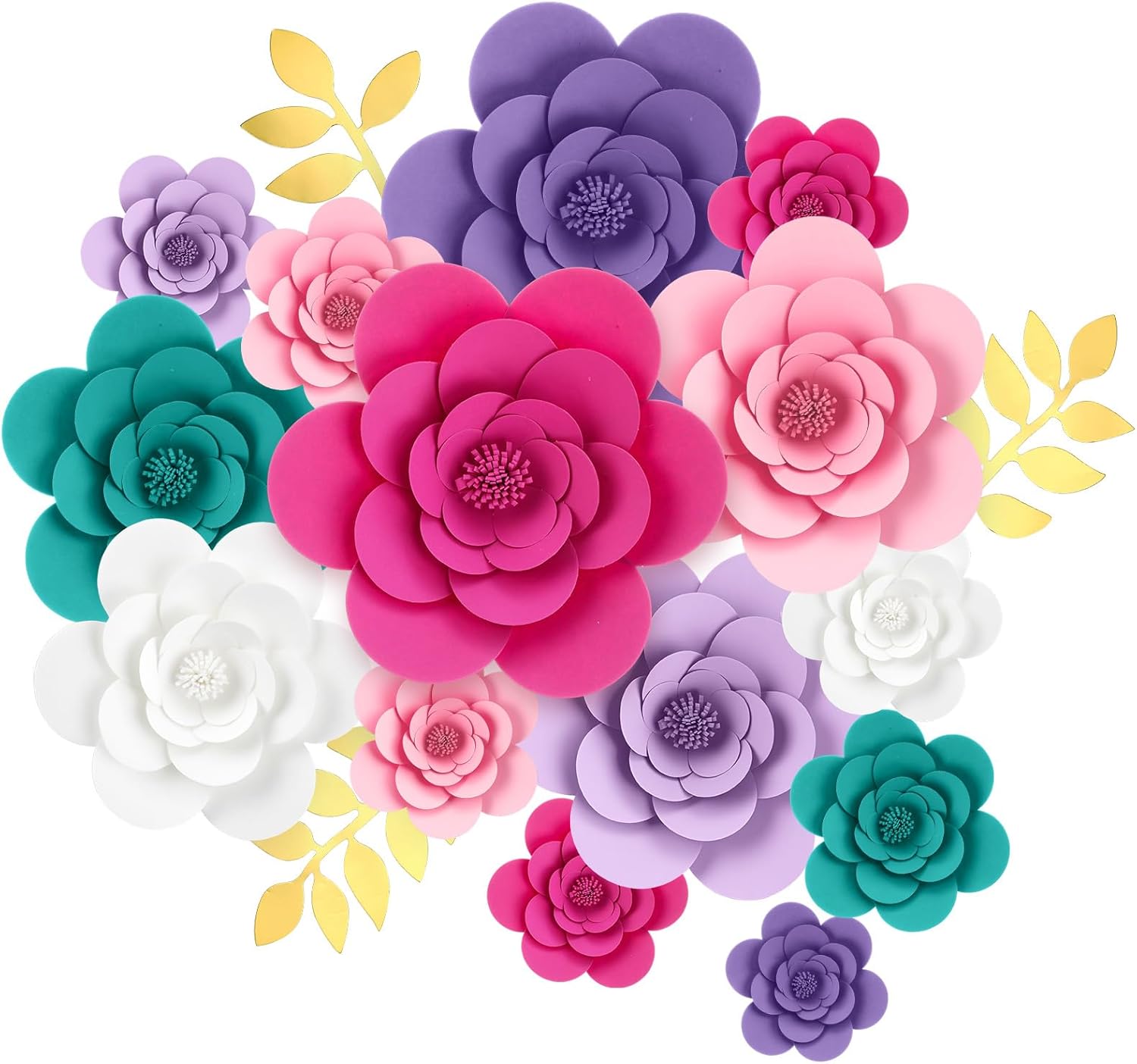 24 Pcs Large 3D Paper Flowers Decorations for Wall Bulletin Board Artificial Craft Roses with Leaves Halloween Mexican Festive Decor Backdrop DIY Handmade Craft Wedding Decor (Classic Color)