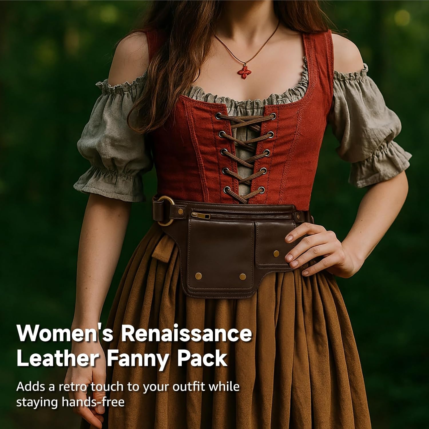 Leather Fanny Pack for Women, Adjustable Waist Bag Vintage Renaissance Hip Belt Pouch with Adsorptive Flap & Zipper Pockets, PU Leather Festival Costume Bag for Travel, Hiking, Cosplay - Image 2