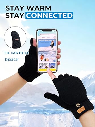 Convertible Fingerless Wool Gloves - Thermal Fleece Lined Winter Mittens with Flip Top for Women Men