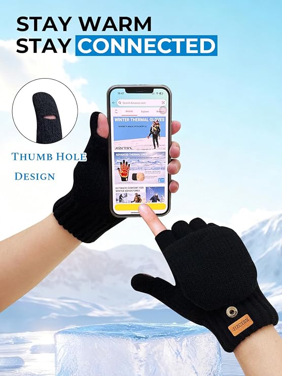 Convertible Fingerless Wool Gloves - Thermal Fleece Lined Winter Mittens with Flip Top for Women Men