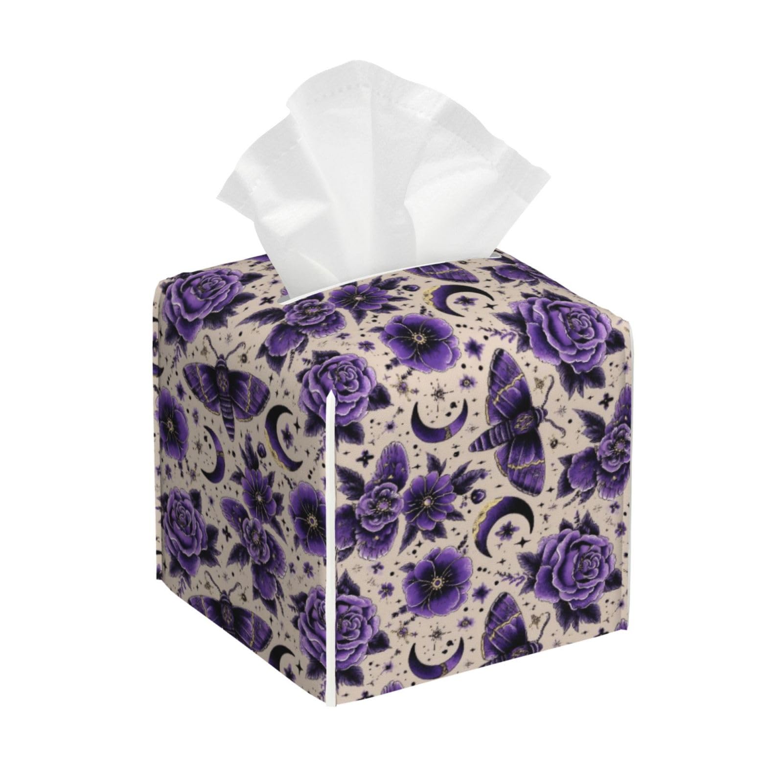 Fantasy Purple Flower Butterflies Print Tissue Box Cover Holder Square, Foldable Modern Cube Tissue Box Cover, Leather Decorative Organizer for Tabletop Bathroom Car Office Desk Decor