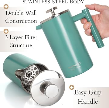 Mixpresso Personal Single Serve Coffee Maker & 14oz Travel Mug, Drip Coffee Brewer & Tumbler, Auto Shut Off & Reusable Filter, Green Coffee Maker Compatible with Coffee Grounds Bundle With Stainless S