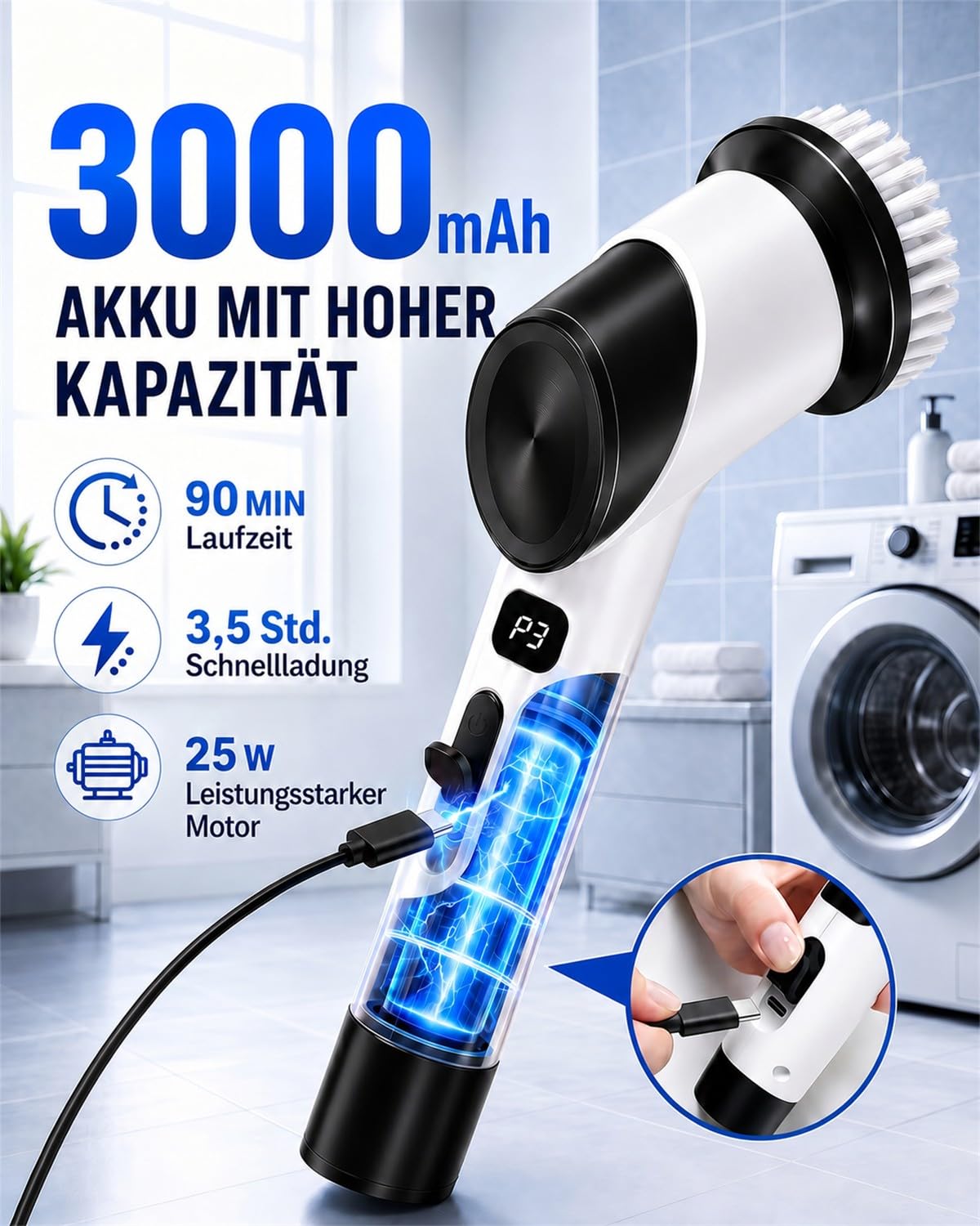 WHATOOK Elektrische Reinigungsbürste mit 8 Wechselbürsten, IPX7 Wasserdicht