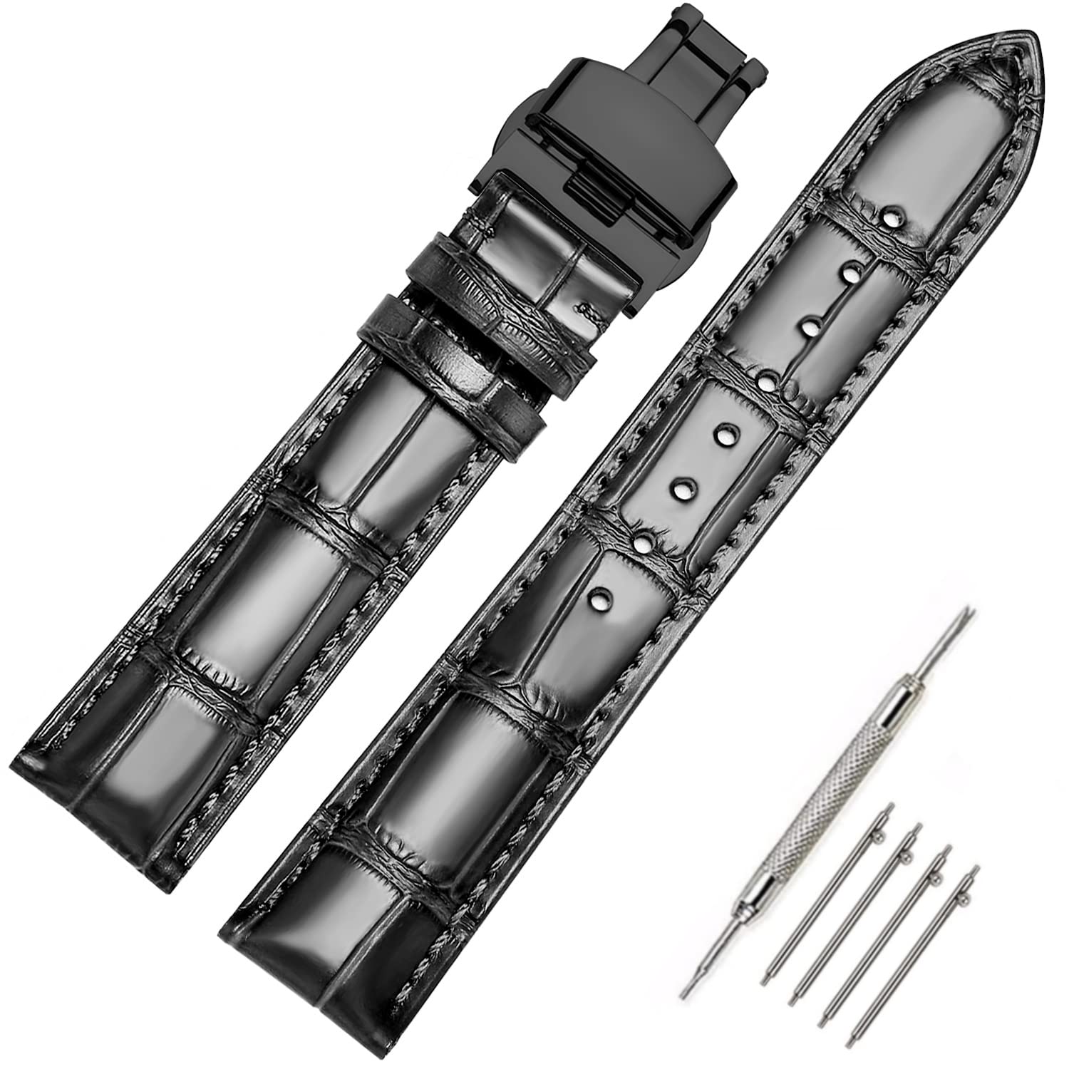 Moran Quick Release Leather Watch Bands Deployment Butterfly Buckle 18mm 20mm 22mm 24mm Blue Black Brown Calfskin Replacement Watch Strap for Men & Women