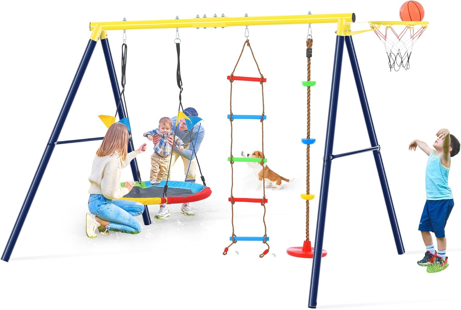 Merax Metal Playset with Saucer Swing for Backyard, 4-in-1 Outdoor Rope Swing and Basketball Hoop for Kids 3+ Playground Equipment