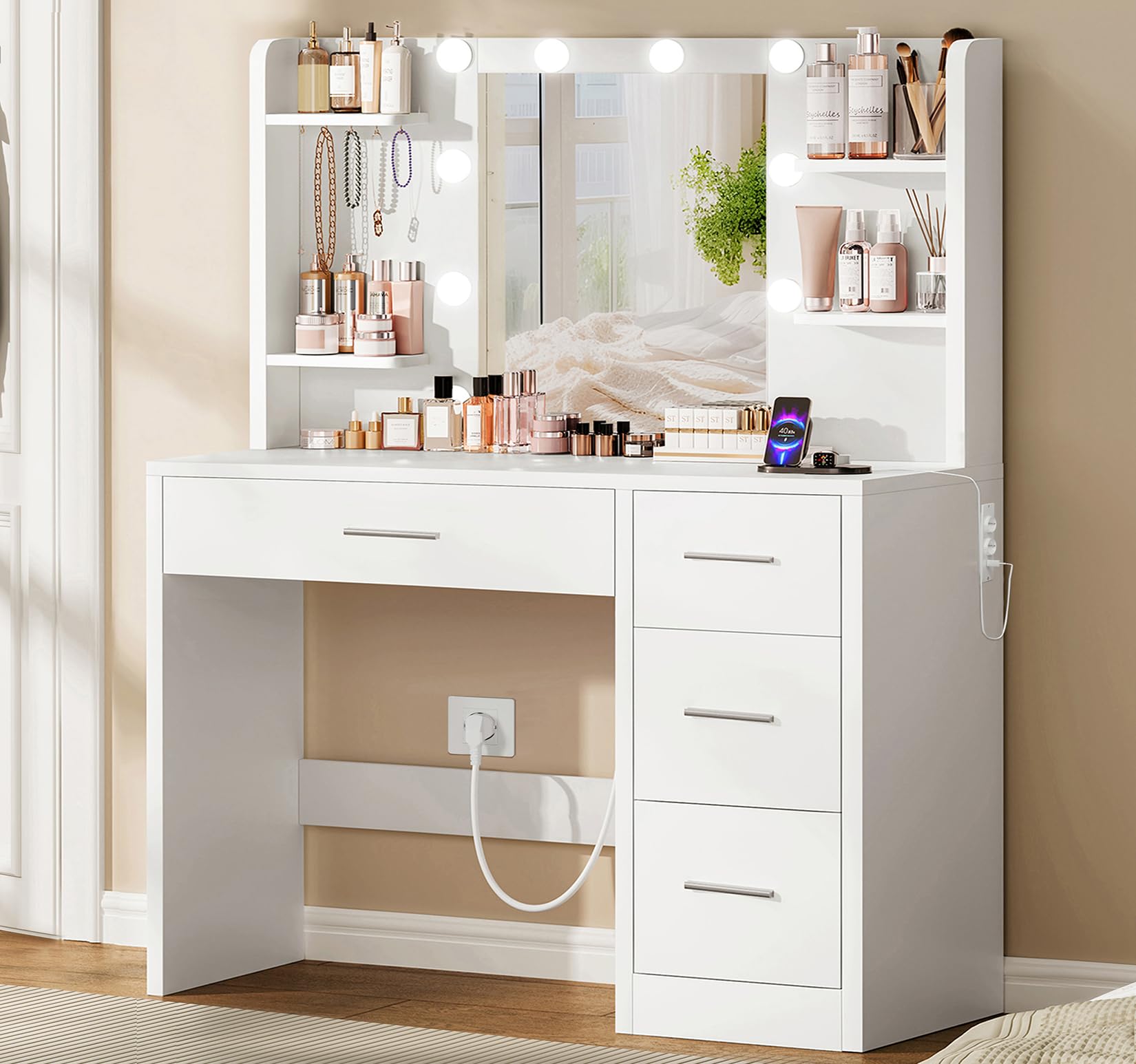 TEENFON Coiffeuse avec Miroir,Luminosité Réglable,3 Couleurs, Coiffeuse avec 4 étagères Ouvertes, Blanc,Prise,4 Tiroirs, 5 Crochets pour Bijoux