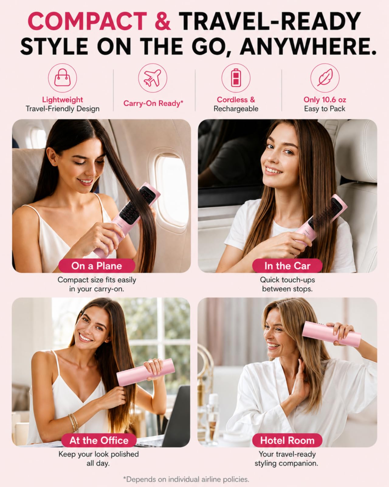 Cordless Ionic Hair Straightener Brush with 3 Heat Levels