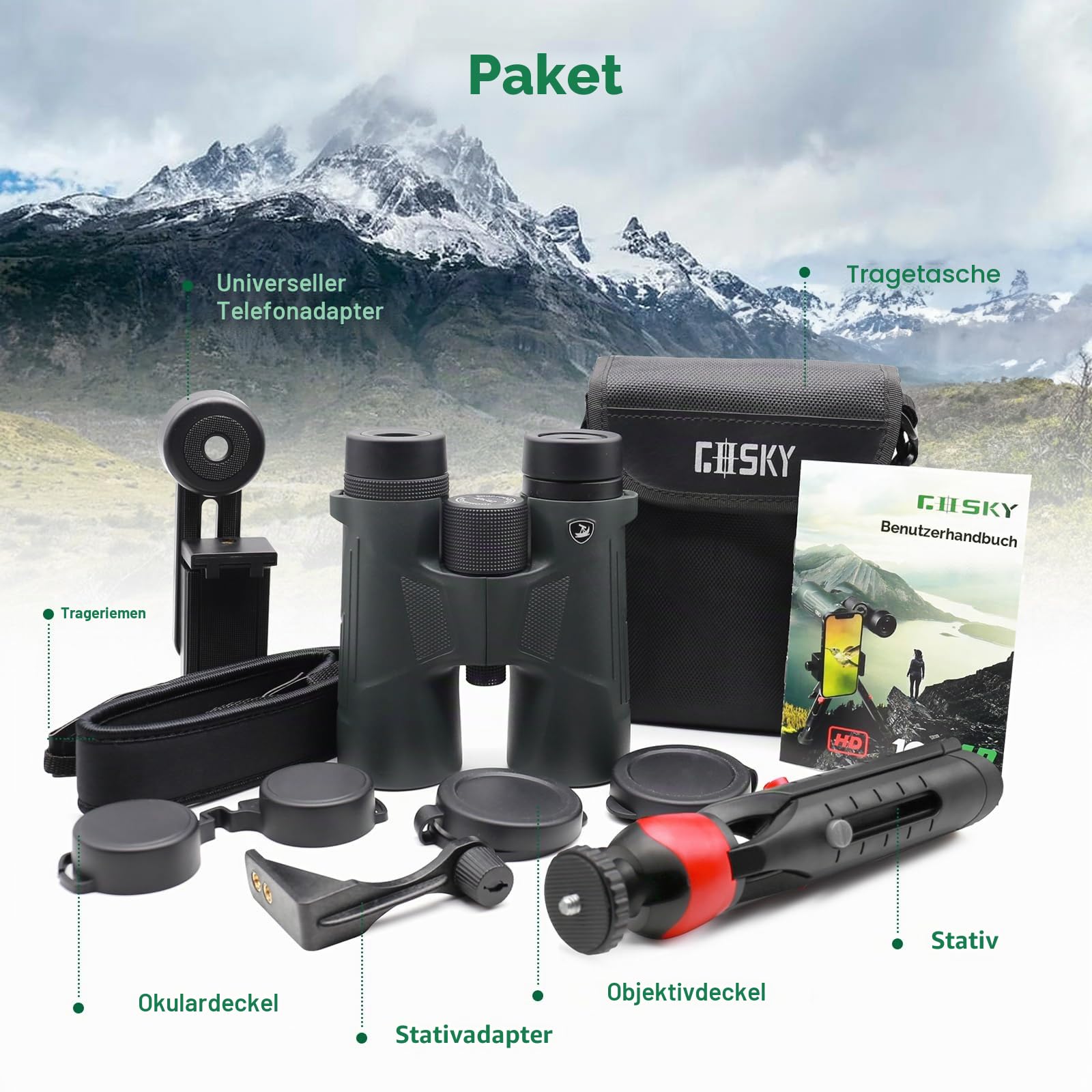 Gosky 10x42 HD-Fernglas für Erwachsene mit Telefonadapter, Wasserdichtes Fernglas mit BAK4-Prisma und FMC-Objektiv für Vogelbeobachtung, Jagd, Reisen, Outdoor-Sport