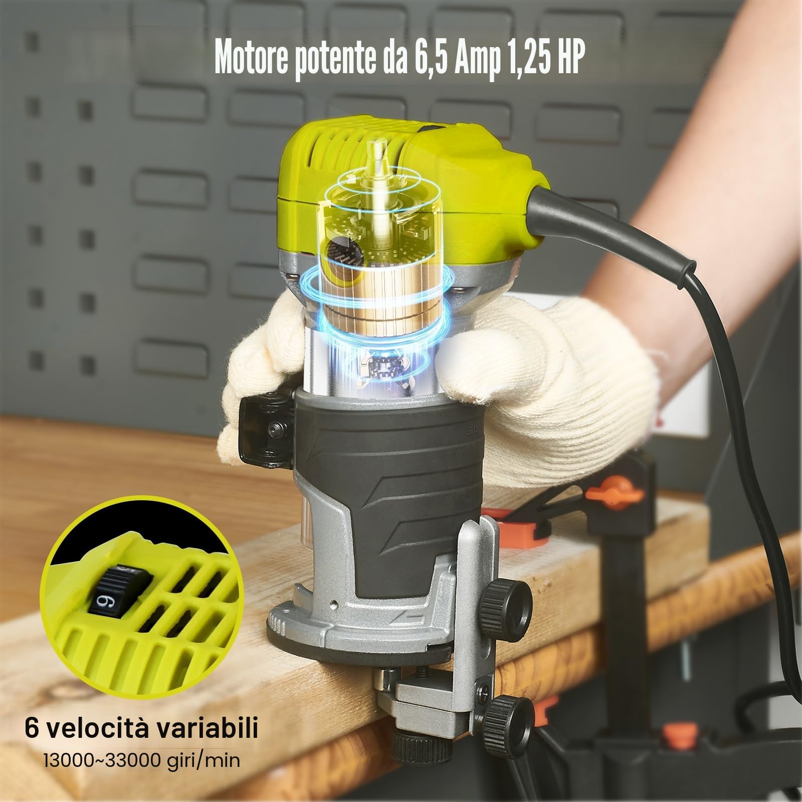 Fresatrice Rifilatore, DEWINNER Router di legno elettrico 710W 13000-33000 giri/min, 6 velocità variabili, 3 pinze da 1/4'', 6mm e 8mm, laminatore professionale con accessori