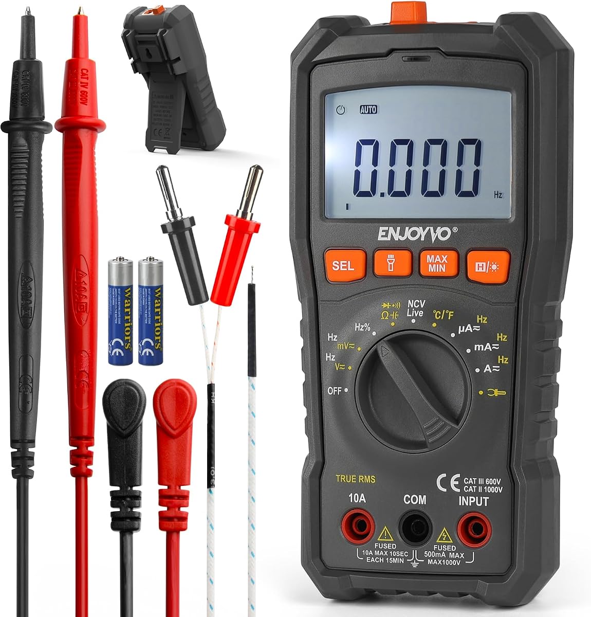 EJ8010 TRMS 5999 cuenta multímetro digital de rango automático | Voltaje, corriente, resistencia, capacitancia, frecuencia, temperatura, continuidad, linterna LED y CAT III 600V.