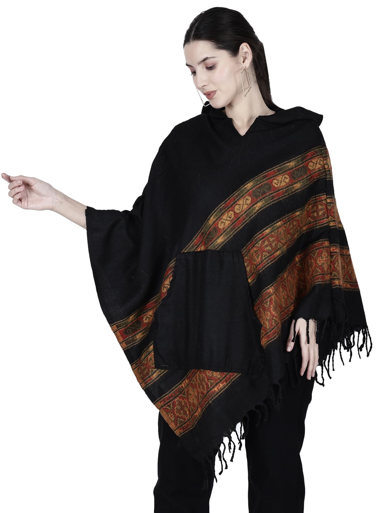 aruna kullu handloom kullu woolen poncho with hood for women and girls black 3 patti long-picture-15