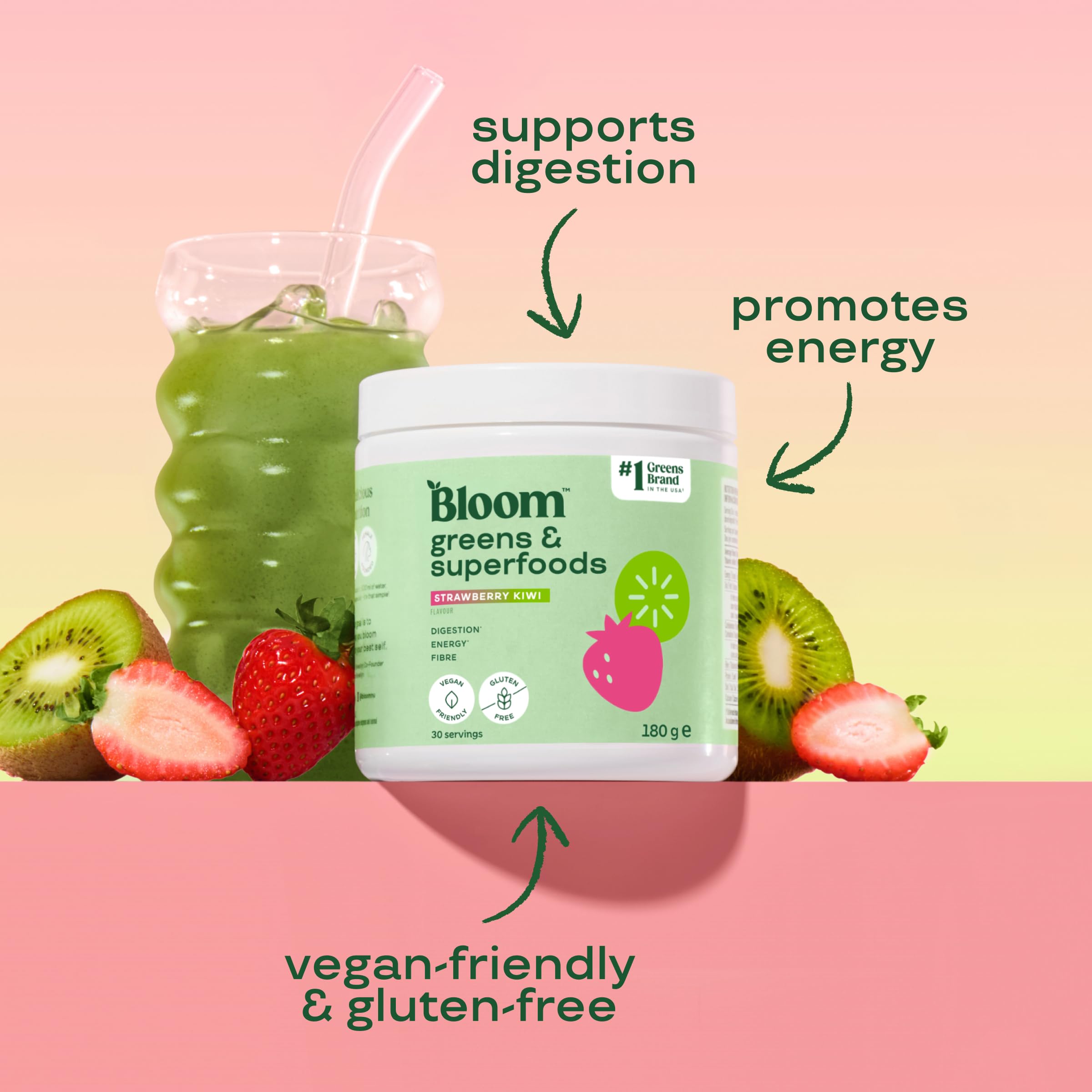 Bloom Nutrition Super Greens Pulver Erdbeer-Kiwi (30 Portionen) mit Probiotika, Verdauungsenzymen, Spirulina & Chlorella, zuckerfrei