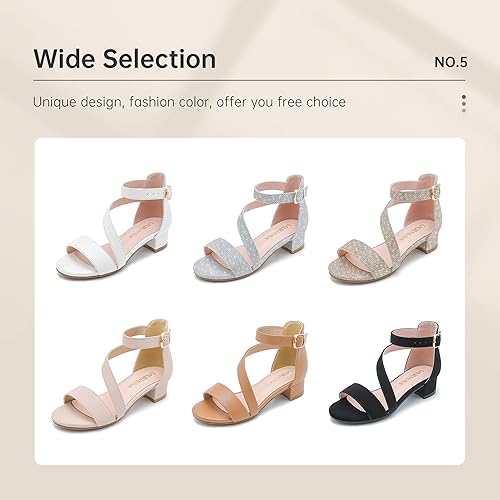 Miniatura 7 de Sandalias para niñas con tacón para niños con punta abierta y correa de tobillo, zapatos de vestir con flores para bodas y fiestas para niños