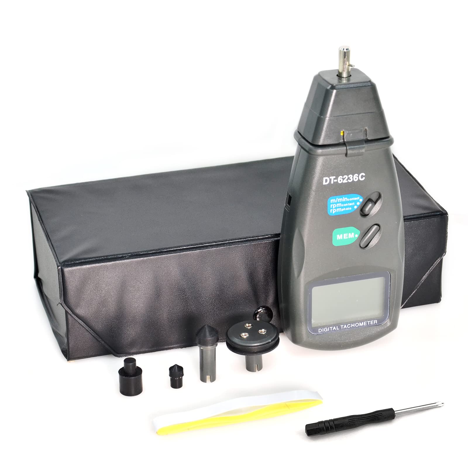 Tachimetro digitale tachimetro fotografico laser, tachimetro a contatto GR-6236C con funzioni di blocco dati Max/Min/AVG Misuratore velocità di rotazione fotografico con nastro riflettente