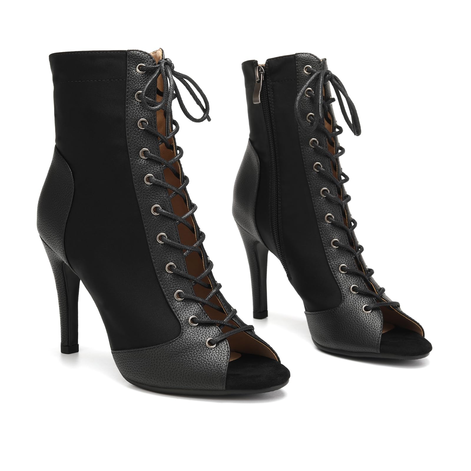 Stivali da Ballo Donna con Punta Aperta Scarpe da Ballo Professionali Jazz con Lacci Tacco Alto 9cm