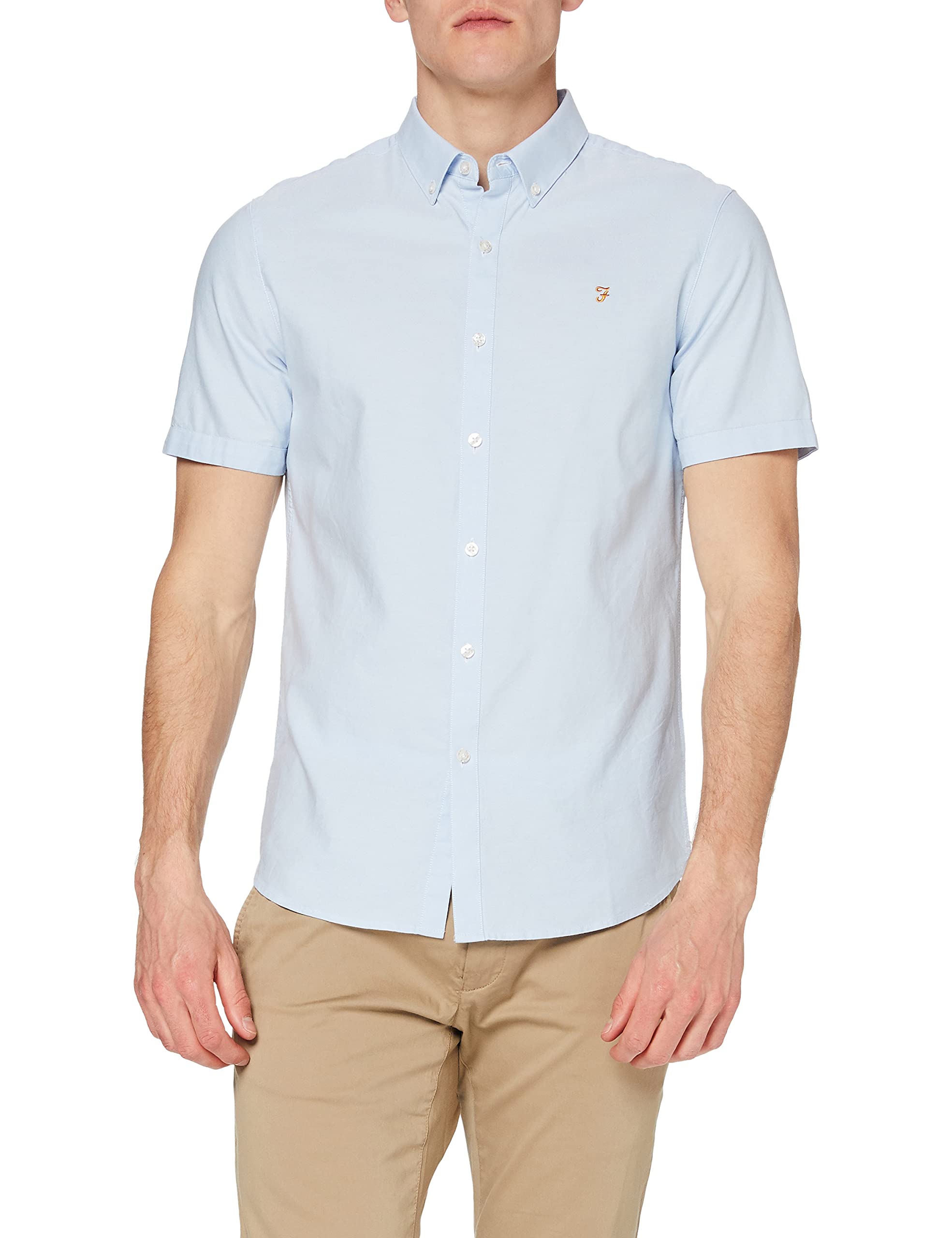Farah - Men's Oxford Shirt, Brewer Short Sleeve Slim Fit, Organic Cotton, Casual or Work Shirt, Sky Blue, 3XL