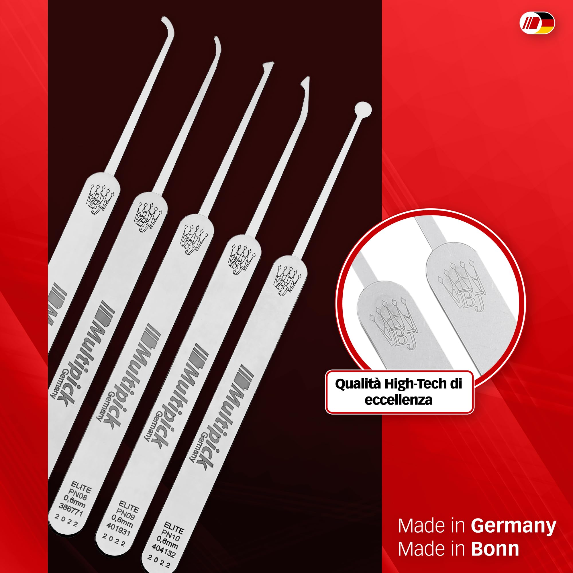 MULTIPICK ELITE 11 Lockpicking Set [11 parti | 0,6 mm] Grimaldelli per Serratura - Kit Grimaldelli - Apri lucchetto - Kit Scassinatore incl. tenditore - Grimaldello & Grimaldelli