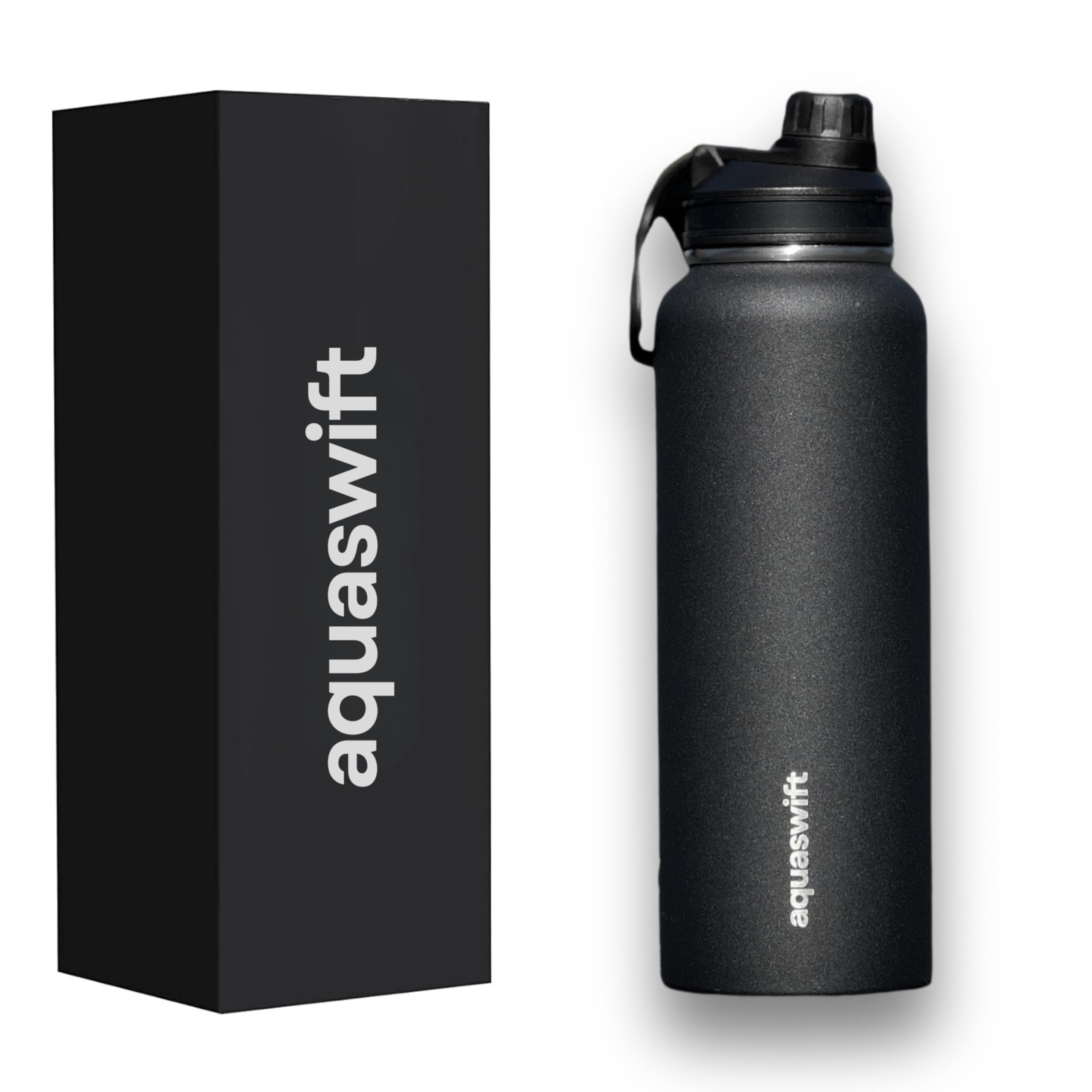 aquaswift core - Sports Water Bottle - Gym & Outdoor Bottles, Double Wall, 40 oz, Black - Vacuum Insulated Stainless Steel - With 3 Lids, Straw, Spout