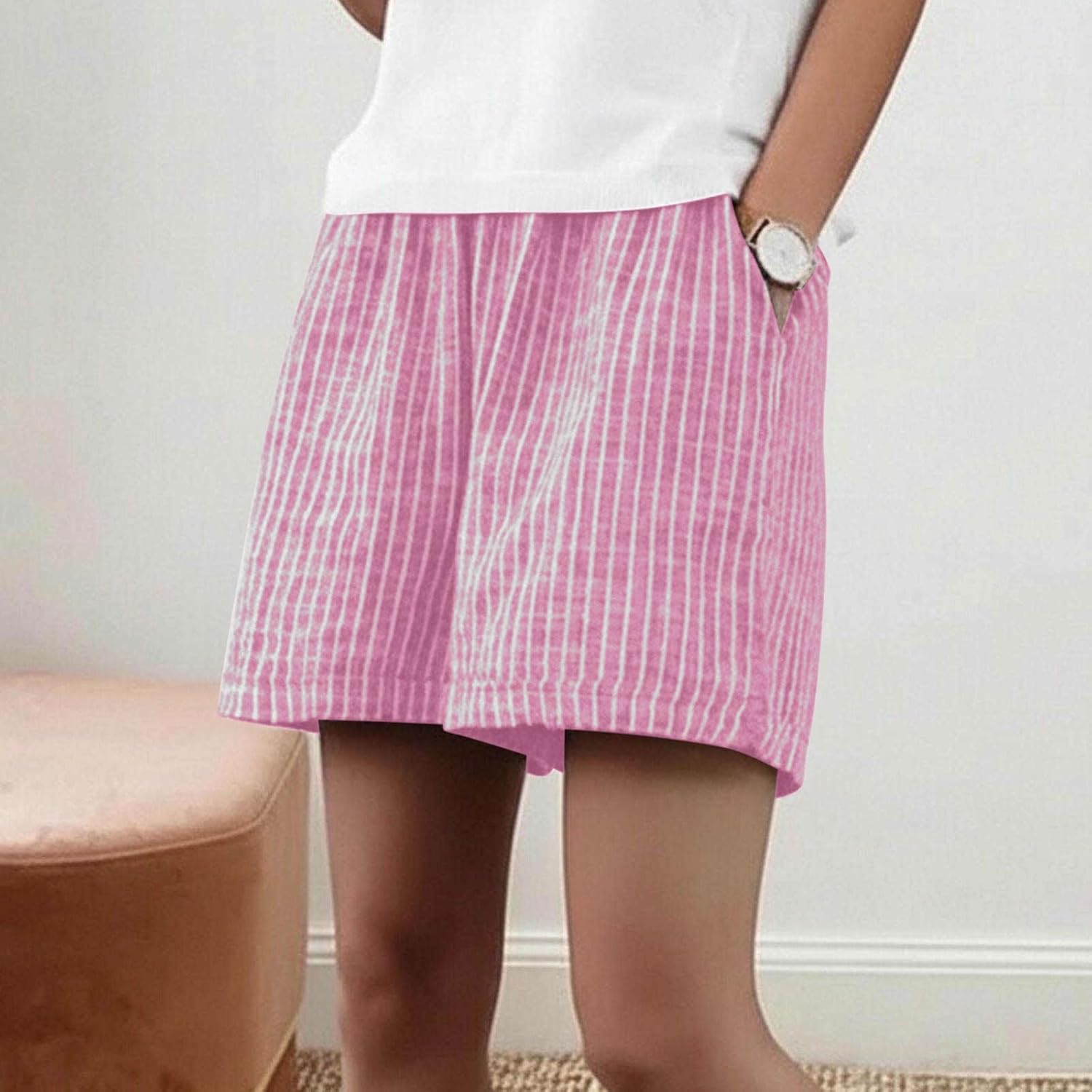 Cotton Linen Shorts for Women Summer Striped Mid Waisted Wide Leg Shorts with Pockets Beach Vacation Outfits