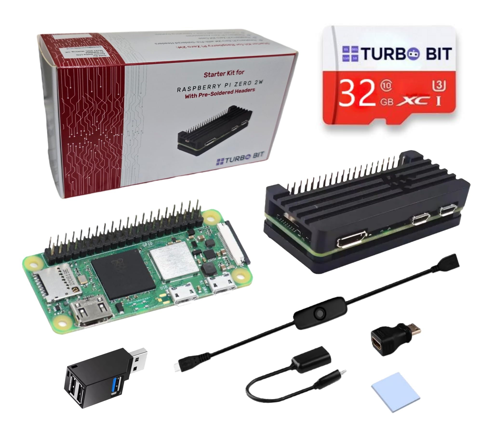 Raspberry Pi Zero 2 W Pre Soldered Headers Starter Kit, Zero 2 W Aluminum Case, 20Pin GPIO Header, OTG Cable, MicroUSB Switch Cable, MicroUSB to OTG Cable, HDMI Adapter