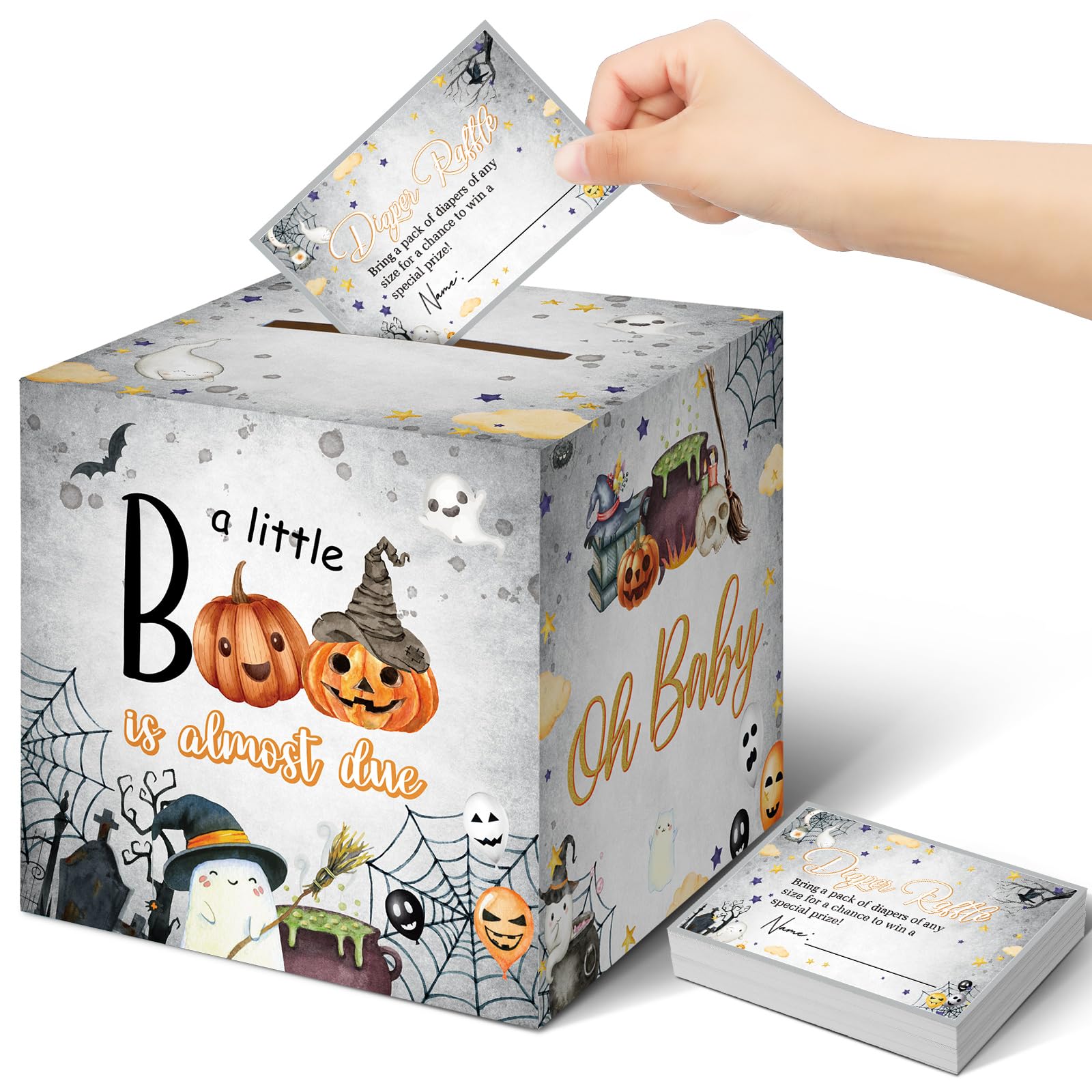 Teling 51 Pieces Diaper Raffle Tickets Box with Card, Shower Boo Theme
