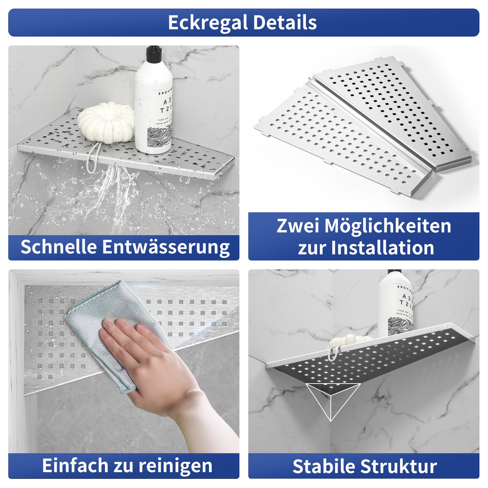 Mensola Angolare Per Doccia Bernkot 30,5 Cm In Acciaio Inox 304 - Installazione A Incasso, Design Reversibile Con Griglia, Portaoggetti Da Bagno Senza Fori - 2
