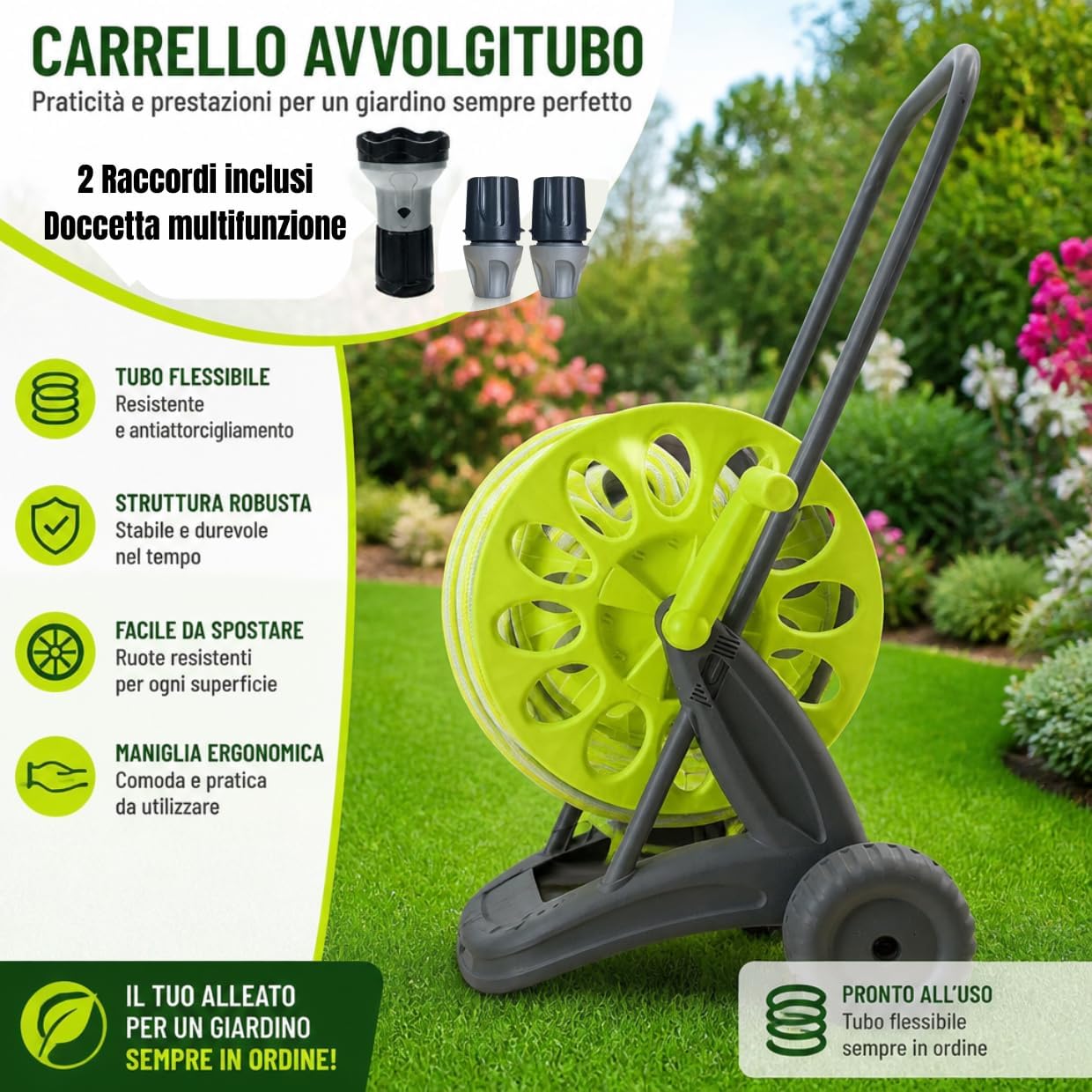 Idroeasy, Kit Carrello Avvolgitubo da Giardino con Tubo Acqua Giardino 30 Metri Superleggero 5/8" (18 bar) – Canna Acqua Anti-Nodo con Doccetta 6 Funzioni e Raccordi, Porta Tubo Made in Italy