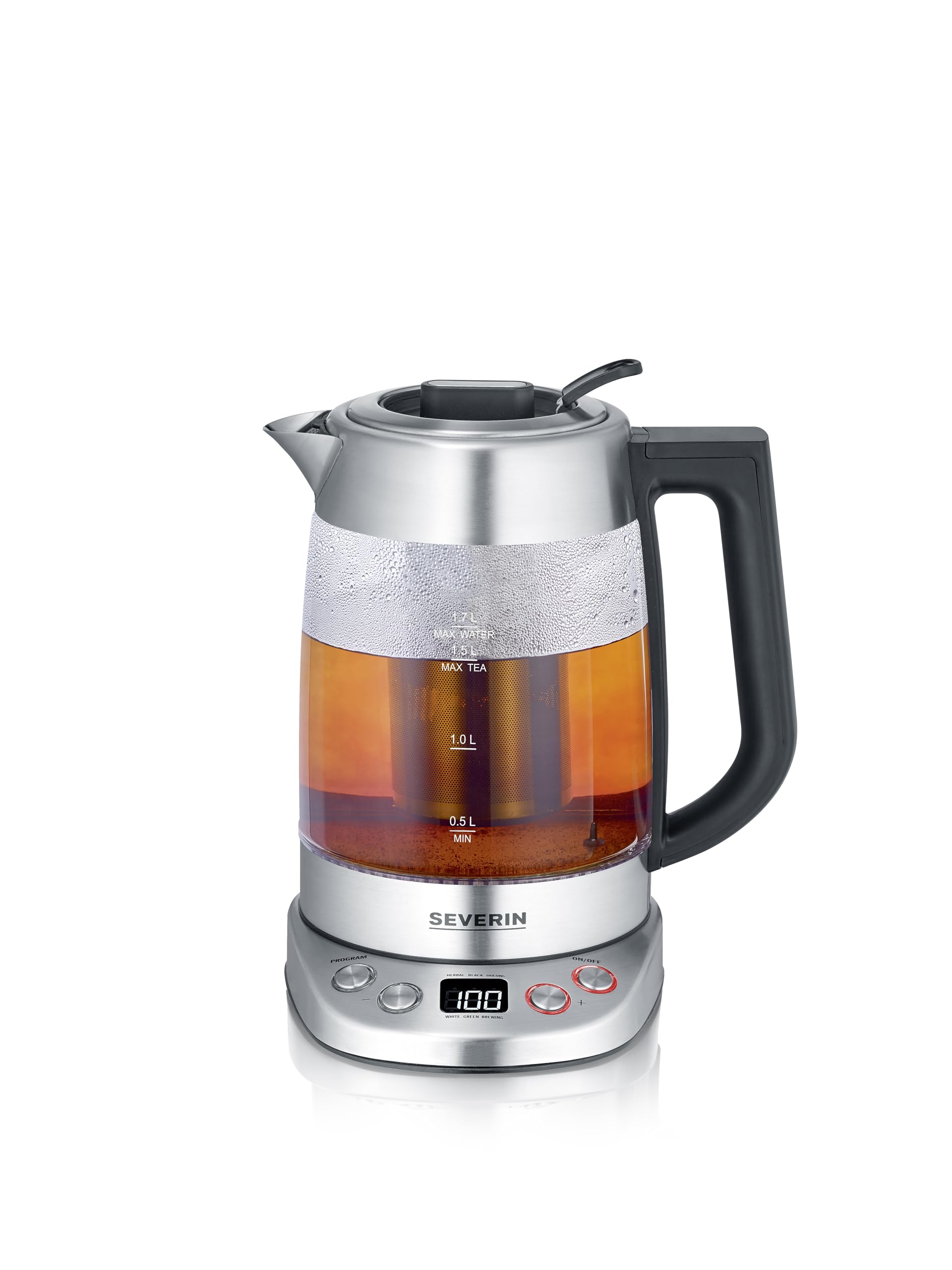 SEVERIN Glas Tee- & Wasserkocher Deluxe, Teekocher mit einstellbarer Temperatur & Ziehzeit, mit 5 Teeprogrammen & Warmhaltefunktion, max. 1,7 L Wasser, 3000 W, Edelstahl, WK 3480