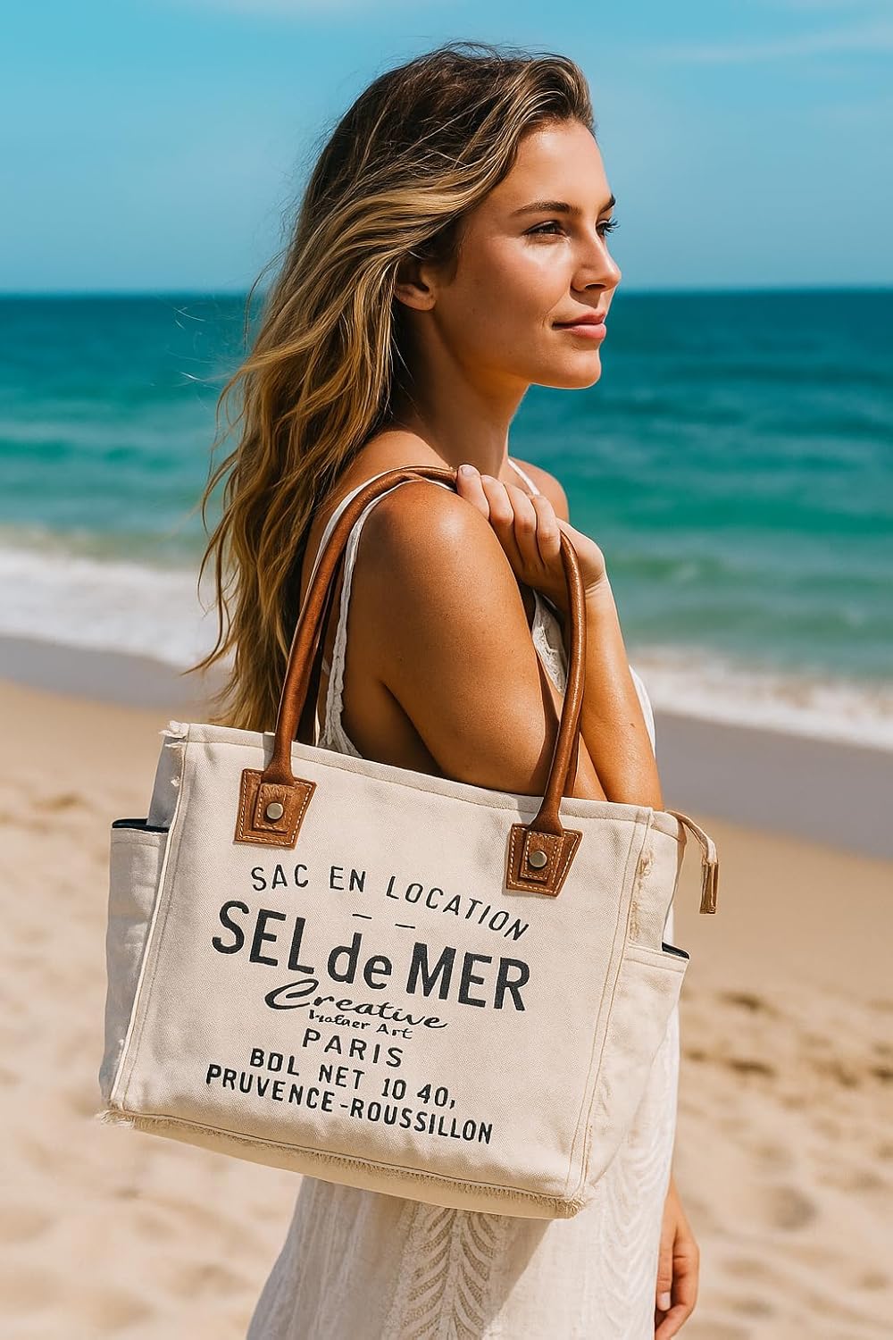 Sel de Mer Canvas Tote Bag for Women with Leather Handles, Shoulder Bag, Casual Everyday Purse, Beach, Travel, Shopping Bag - Image 2