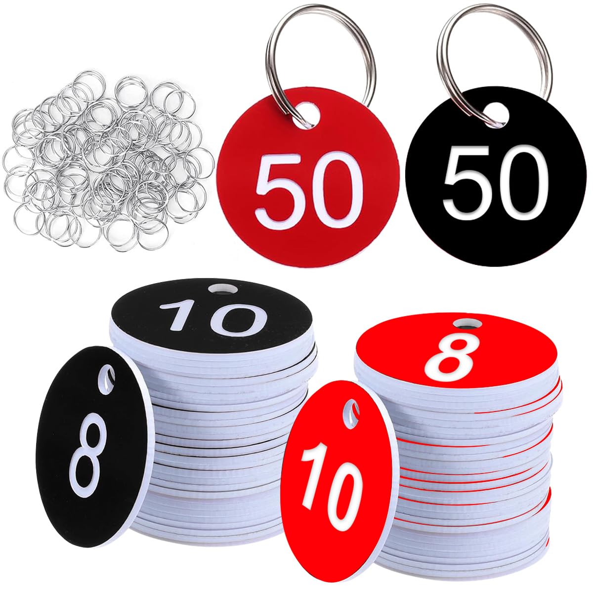 WYIPOLZI Plastic Number Tags 1-50 with Key Ring, Total 100 PCS Red and Black Table Numbers, Discs ID Engraved Key Tags