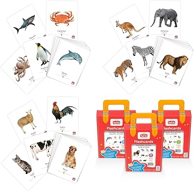 Tool-be 3 Pack Animal Flash Cards | Bilingual Flash Cards of Farm, Aquatic and Wild Animals for Babies and Toddlers | 48 Real Photo Cards | Spanish-English Games