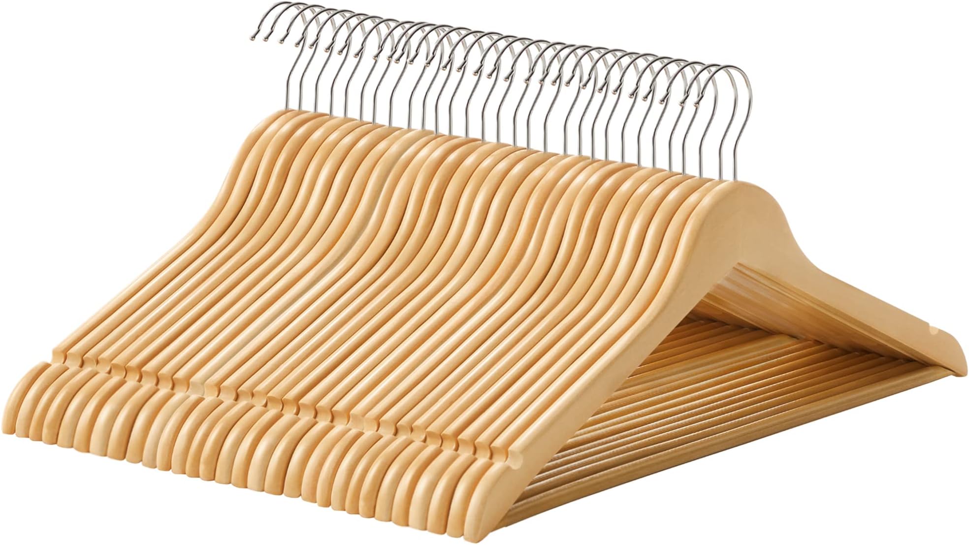 SONGMICS Wooden Hangers, 30 Pieces, Coat Rack with Shoulder Grooves, Non Slip Trouser Bar and 360° Swivel Hook, for Complete Shirts Coats, Natural CRW031NL, Standard