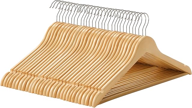 SONGMICS Wooden Hangers, 30 Pieces, Rack with Shoulder Grooves, Non Slip Trouser Bar and 360° Swivel Hook, for Complete Shirts Coats, Natural CRW031NL, Standard, Maple Wood, Metal