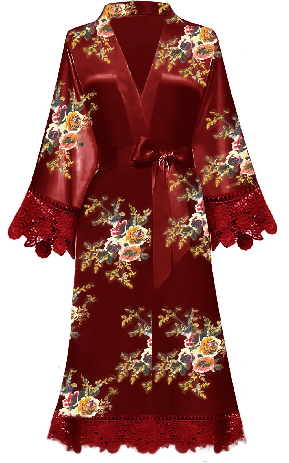 Y Wjing Yi Jia Women's Burgundy-B Floral Robes Kimono Robe Dressing Gown Bridal Robe Silk Robes Satin Bathrobe Nightdress Short Style Morning Robes Lace Trim Robes Kimonos Blossoms Robes, 3XL