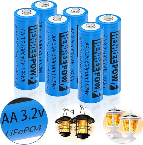 Henreepow LiFePo4 - Baterías solares recargables AA de 3.2 V, doble A, 600 mAh, 3.2 V, 1.92 Wh, baterías recargables de 3.2 V para luces solares,