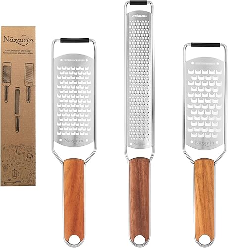 NAZANIN Juego de 3 ralladores de queso de acero inoxidable 304, rallador de verduras y rallador de verduras con asas de madera de acacia, ralladores