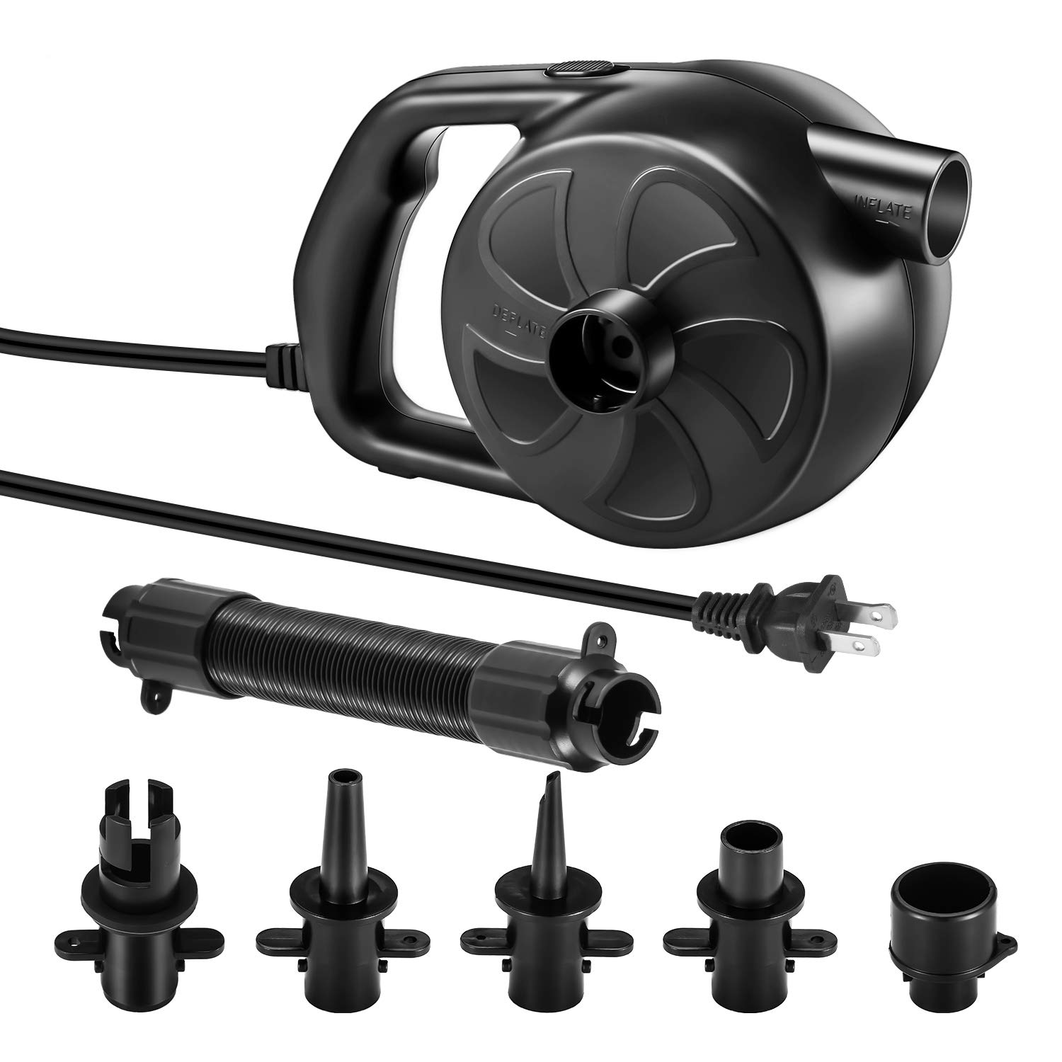 Electric Air Pump High Power Air Pump Inflator & Deflator Valve with 5 Nozzles for Air Mattress, Swimming Rings, Airbeds, Rafts, Inflatable Sofas & Inflatable Pools etc (300W Black)