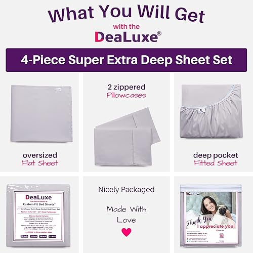 Miniatura 30 de Juego de sábanas de tamaño matrimonial – Juego de sábanas de bolsillo profundo – Juego de 4 piezas con sábana bajera de 21 pulgadas, sábana encimera