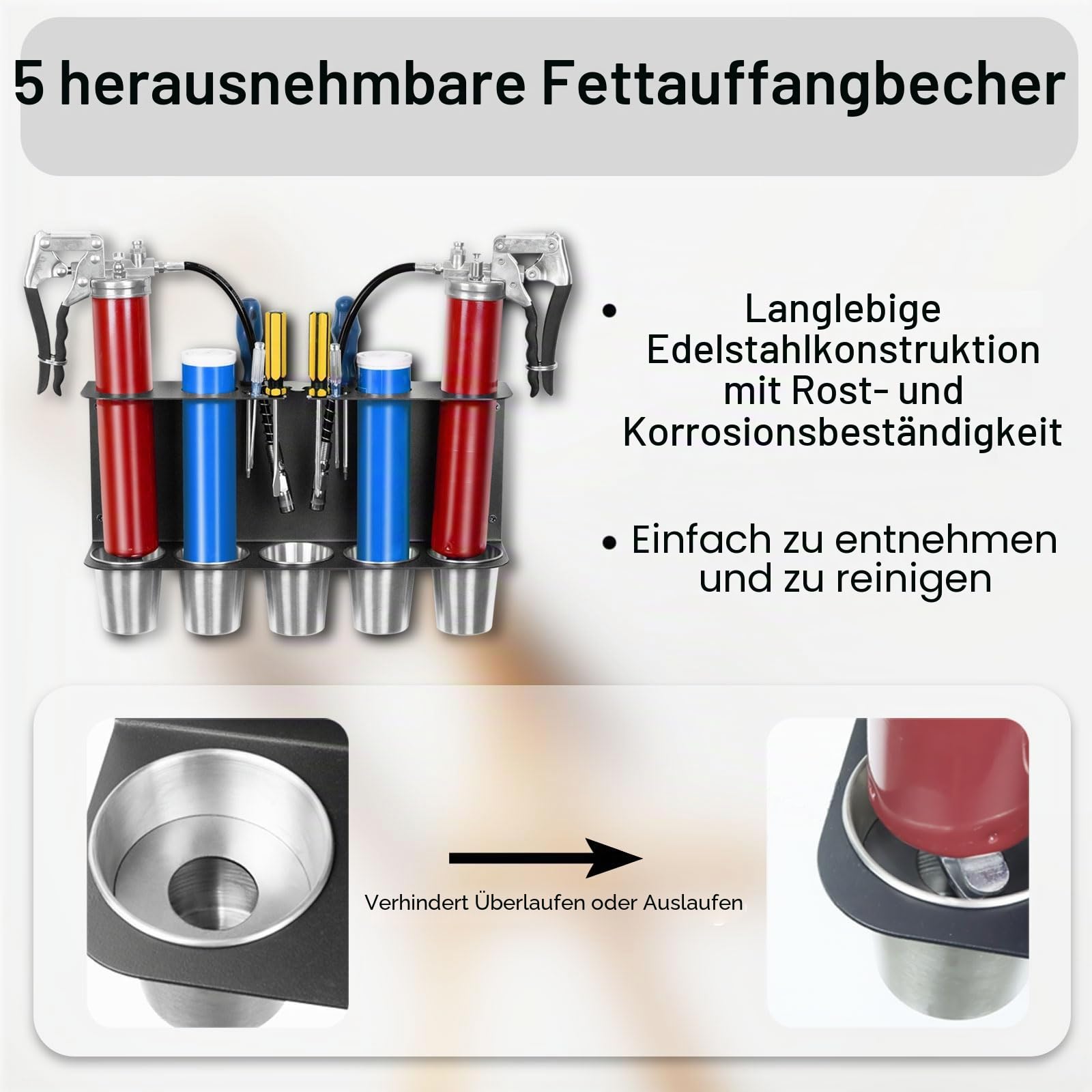 Fettpressenhalter, Wandhalterung, Aufbewahrungsregal, kompatibel mit 2 Fettpistolen, Organizer mit 5 abnehmbaren Tropfbechern für Garage und Geschäft, Werkstatt, Aufbewahrung, Schwarz