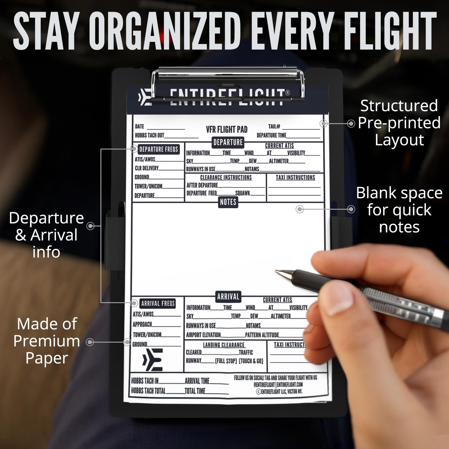 EntireFlight Aviation Pilot Kneeboard VFR nero con blocco note strutturato – Premium Pilot Gear & Flight Bag Accessory-Airplane Grade Aluminum-Elastic Knee Board Strap & Pen-Box inclusi per i piloti