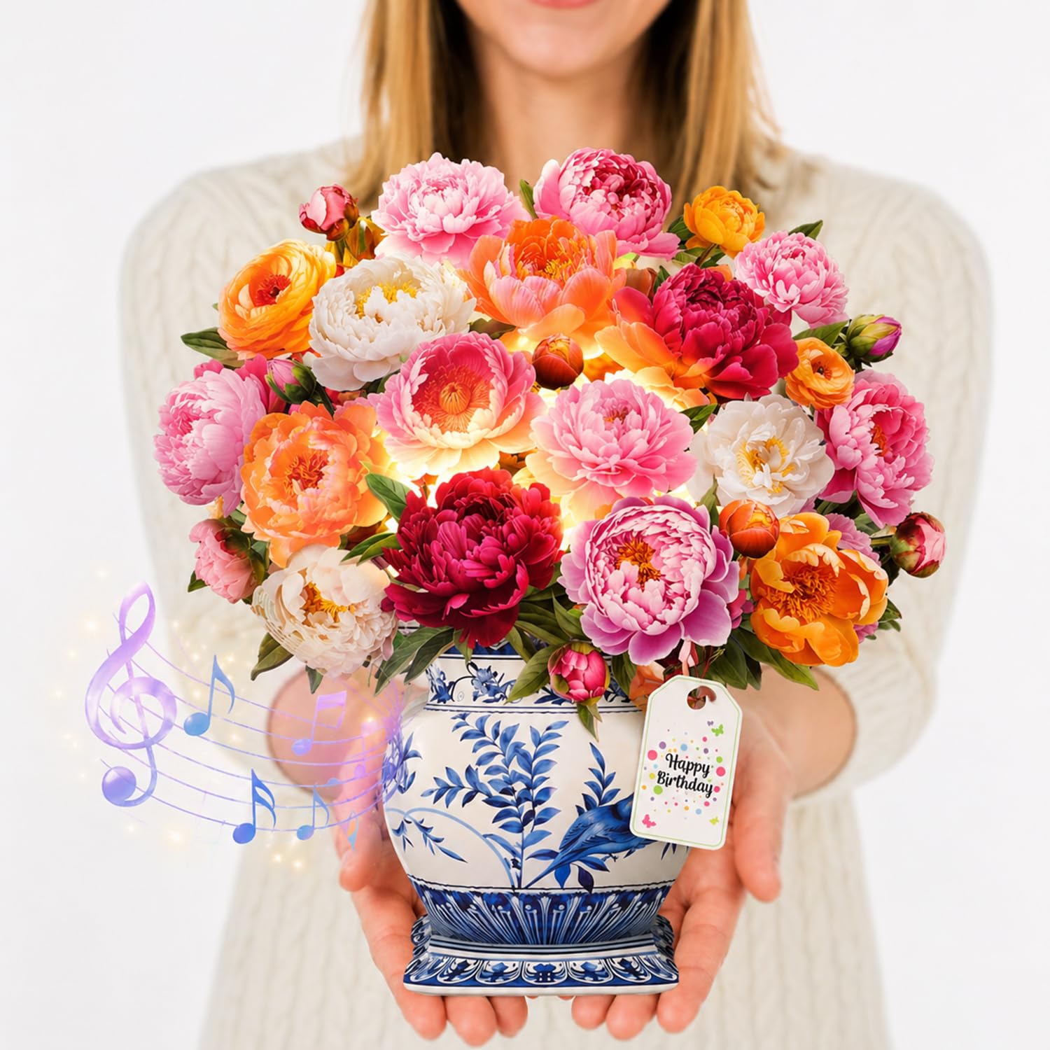 Pop Up Birthday Card with Music and Lights Life Sized 3D Paper Flower Bouquet – Greeting Card for Women, Mom, Wife, Daughter, Grandma – Birthday Gift with Envelope - Peony