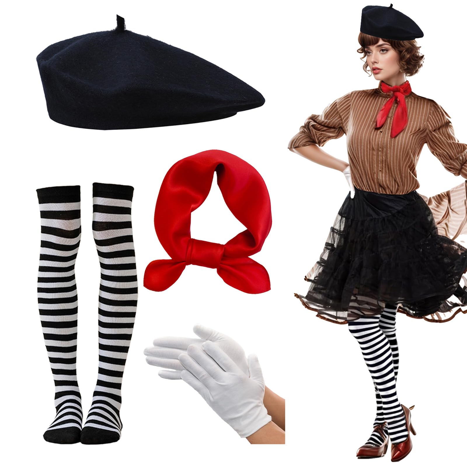 Pantomime Clothing Fashion Beret Retro Casual Round Hat Striped Knee Socks White Cotton Gloves Red Silk Scarf Small Square Neckerchief Cosplay Carnival Costumes Masquerad Pack of 4