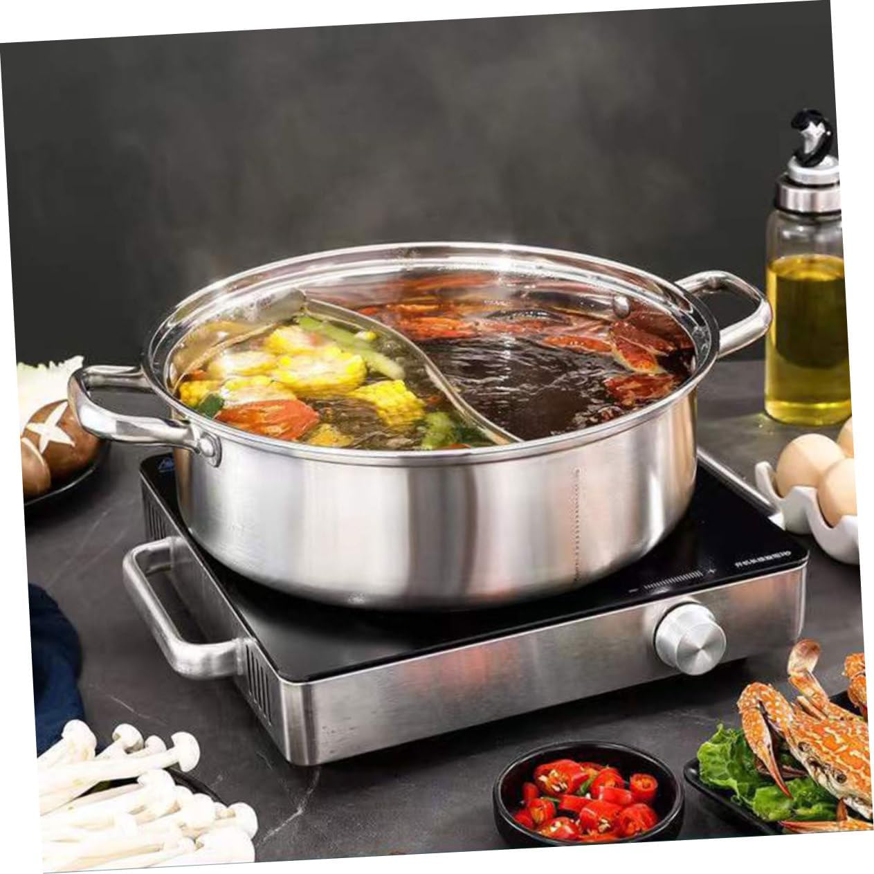 IMIKEYA Stainless Steel Hot Pot Double Handle Induction Cooker Pot for Divided Cooking Thickened Design for Even Heat Distribution for Family Meals
