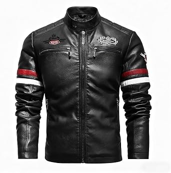 Mens Motorcycle Jacket Faux Leather Zipper Coat Cycling Windproof