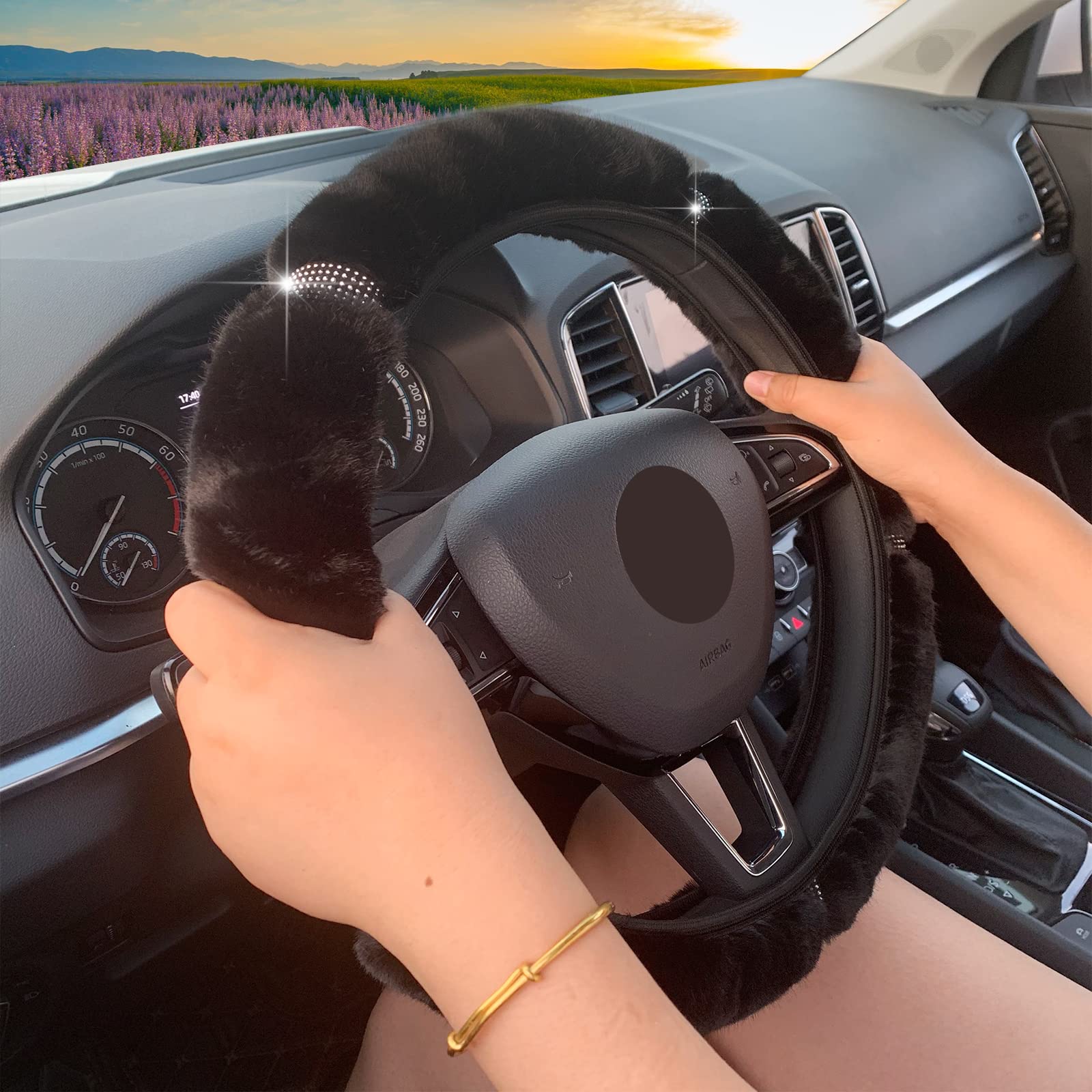 Photo 1 of RANXIZY Fluffy Bling Steering Wheel Cover, Soft Car Interior Accessories for Women, Universal 15 Inch (Black)