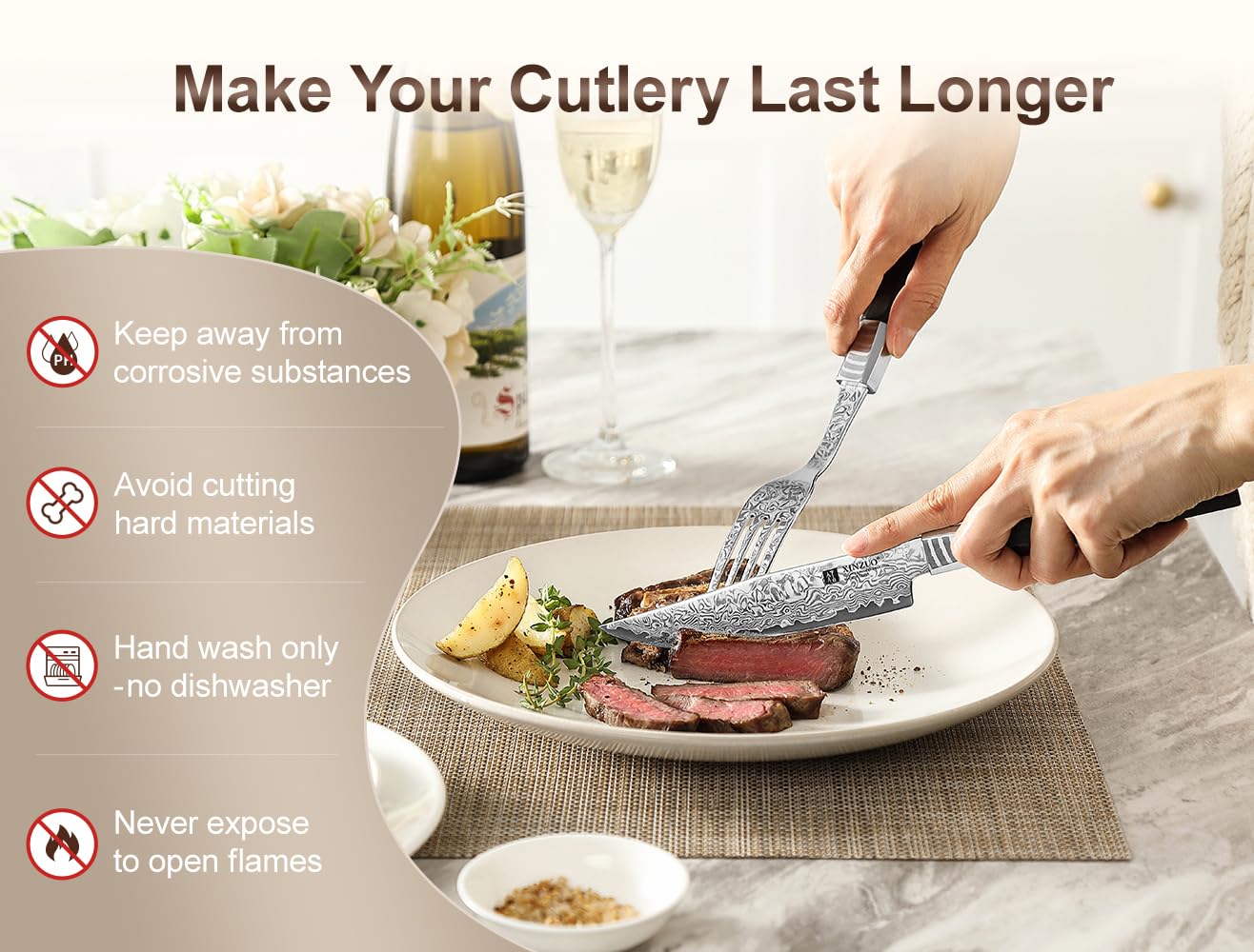 XINZUO Set de Couverts à Steak 2 Pièces-67 Couches Acier Damas Couteaux et Fourchettes à Steak-Couteau de Table Ensemble de Couteaux à Dîner-Ergonomique Poignée en Bois de Ébène-avec Boîte Cadeau