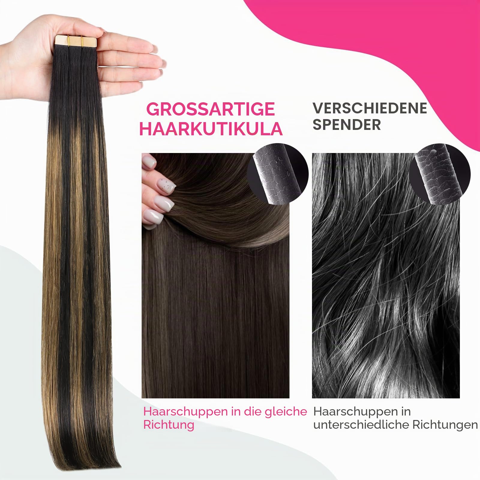 Lashey Tape Extensions Echthaar 40cm(16zoll) 20pcs 50g Glatt Echthaar Tape Extensions Balayage Natürliches Schwarz bis Hellblond Haarverlängerungen Echthaar für Frauen Invisible Tape ins