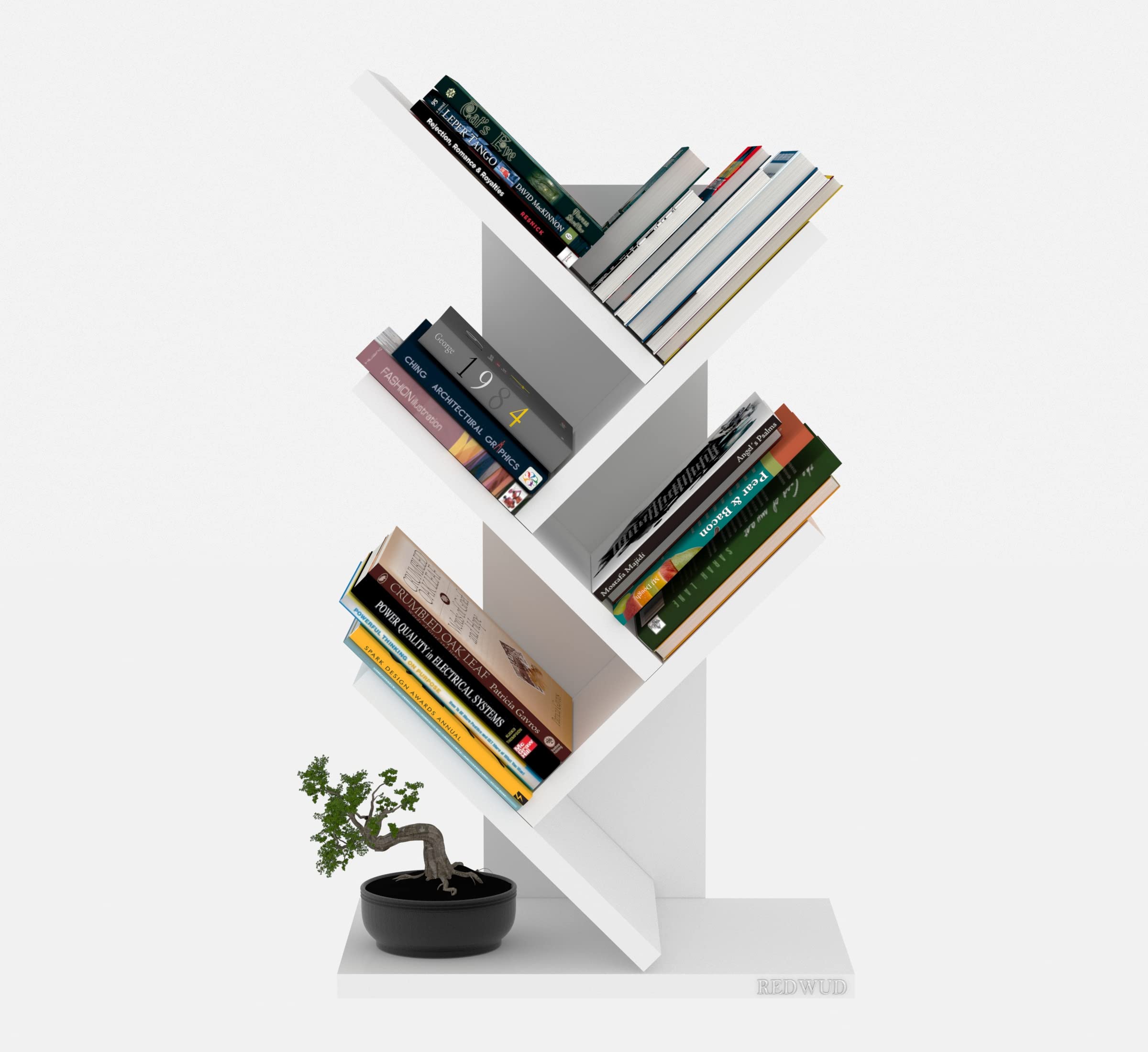 Redwud Caliper Engineered Wood 5-Tier Floor Standing Tree Bookcase/Wooden Bookshelf/Tree Shaped Book Shelf/Space Saving Display Storage Rack Books Holder in Living Room Office - White-image-37